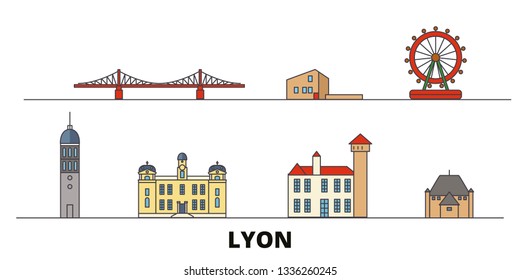 France, Lyon flat landmarks vector illustration. France, Lyon line city with famous travel sights, skyline, design. 