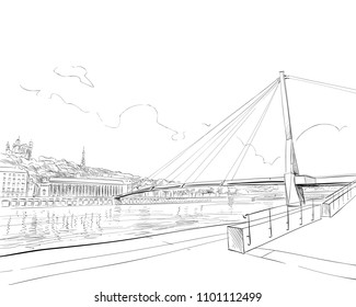 France. Lyon. Footbridge of the Palace of Justice. Passerelle du Palais de Justice. Hand drawn sketch. Vector illustration.