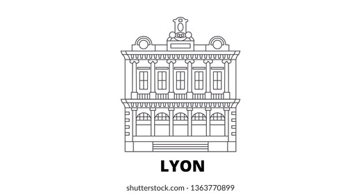 France, Lyon  Landmark line travel skyline set. France, Lyon  Landmark outline city vector illustration, symbol, travel sights, landmarks.