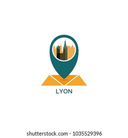 France Lyon map city pin point geolocation modern skyline shape pointer vector flat logo icon illustration