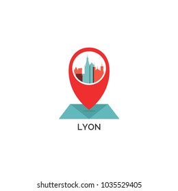 France Lyon map city pin point geolocation modern skyline shape pointer vector flat logo icon illustration