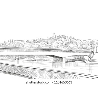 France. Lyon. Moran Bridge. Hand drawn sketch. Vector illustration.