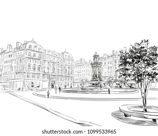 France. Lyon. Place Des Jacobins. Hand Drawn Sketch. Vector Illustration.