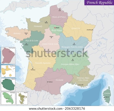 France is mainly divided into 18 administrative regions, 13 regions in metropolitan France and five located overseas