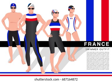 France : Male and Female Swimmers : Swimmers in National Swimsuits : Vector Illustration