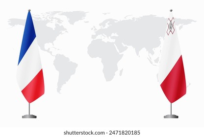 France and Malta flags for official meeting against background of world map.