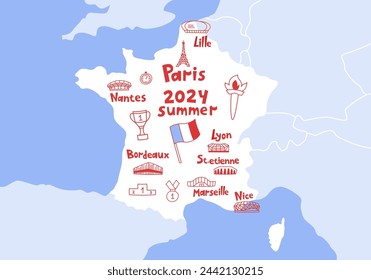 France map 2024 summer games in paris, cities with stadiums. Flat vector graphic