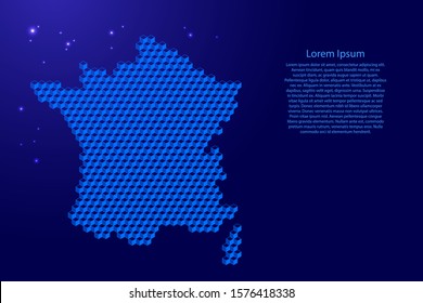 France map from 3D blue cubes isometric abstract concept, square pattern, angular geometric shape, glowing stars. Vector illustration.