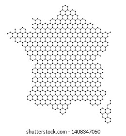 France map from abstract futuristic hexagonal shapes, lines, points black, in the form of honeycomb or molecular structure. Vector illustration.