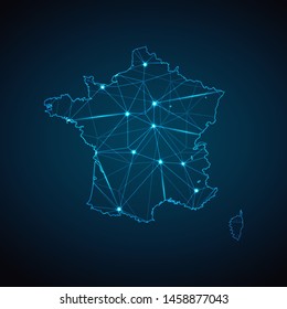France Map - Abstract geometric mesh polygonal network line, structure and point scales on dark background with lights in the form of cities. Vector illustration eps 10.