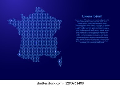 France map abstract schematic from blue lines repeating pattern geometric background with rhombus and nodes with space stars for banner, poster, greeting card. Vector illustration.