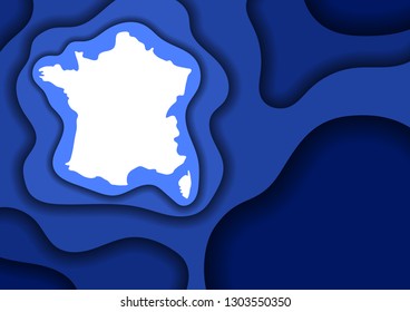 France map abstract schematic from blue layers paper cut 3D waves and shadows one over the other. Layout for banner, poster, greeting card. Vector illustration.
