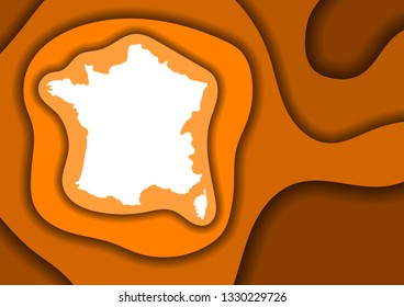 France map abstract schematic from orange color  layers paper cut 3D waves and shadows one over the other. Layout for banner, poster, greeting card. Vector illustration.