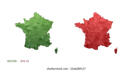France map of abstract vector polygon set couple color green and red.