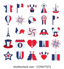 france map and bastille day icon set over white background, flat style, vector illustration