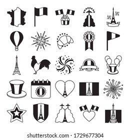 france map and bastille day icon set over white background, line style, vector illustration