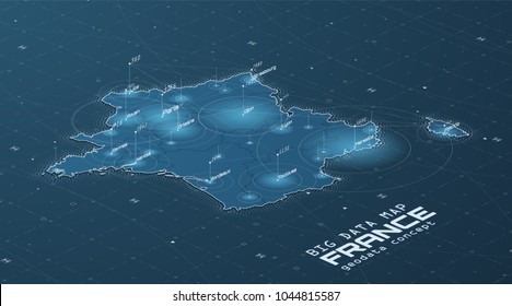France map big data visualization. Futuristic map infographic. Information aesthetics. Visual data complexity. Complex France data graphic visualization. Abstract data on map graph.