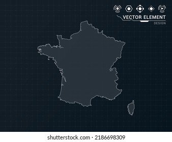 France map of black digital frame HUD, GUI, UI interface technology radar vector.