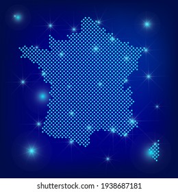 France map in blue. Dotted map. Dots  France map with spotlights on dark blue background.  Global social network.  Blue futuristic background with map of French Republic. EPS10