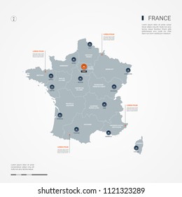France map with borders, cities, capital Paris and administrative divisions. Infographic vector map. Editable layers clearly labeled.