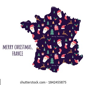 France map with Christmas pattern. Santa Claus, candles, deer, berries, trees. Greeting card with New Year holiday symbol. Cartoon funny vector illustration.