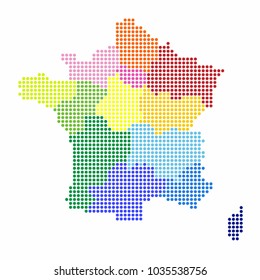 France Map of circle shape with the regions colorful in bright colors on white background. Vector illustration dotted style.