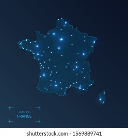 France map with cities. Luminous dots - neon lights on dark background. Vector illustration. 