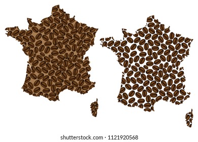 France -  map of coffee bean, French Republic map made of coffee beans,