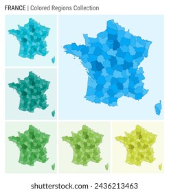 France map collection. Country shape with colored regions. Light blue, cyan, teal, green, light green, lime color palettes. Border of France with provinces for your infographic. Vector illustration.