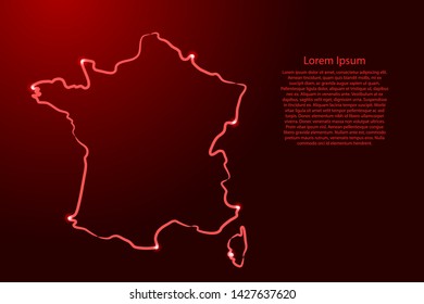 France map from the contour red brush lines and glowing stars on dark background. Vector illustration.