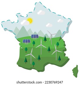 France Map Contour Renewable Energy With Wind Generator and Solar Panel
