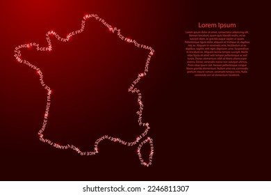 France map country along contour of recurring english red words name of state and glowing space stars 