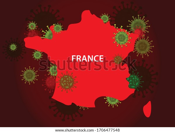 France map with covid-19 virus concept. Coronavirus is spread to all over the world and infected to countries. Vector illustration of red map design with influenza virus. Covid 19 France map. 