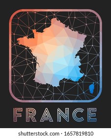France map design. Vector low poly map of the country. France icon in geometric style. The country shape with polygonal gradient and mesh on dark background.