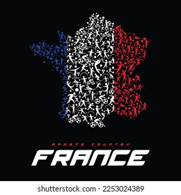 France map designed with icons of athletes in various sports branches. Vector illustration.