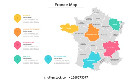 France map divided into provinces or regions with modern borders. Geographic location indication. Infographic design template. Vector illustration for presentation, brochure, touristic website.