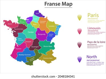 Mapa de Francia dividido en provincias o regiones con fronteras modernas. Indicación geográfica. Plantilla de diseño infográfico. Ilustración vectorial para presentación, folleto, sitio web turístico.