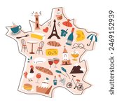 France map with doodles, french national symbols on country shape, travelling to Paris, Eifel tower vector illustration, geography cartoon composition for poster, brochure, and childrens book