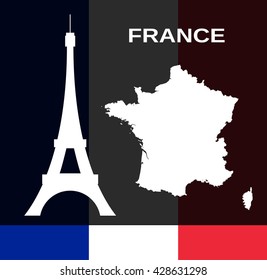 France map and Eiffel Tower on French flag background