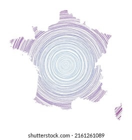 Mapa de Francia lleno de círculos concéntricos. Esbozar círculos de estilo en forma del país. Ilustración vectorial.