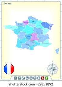 France Map with Flag Buttons and Assistance & Activates Icons Original Illustration