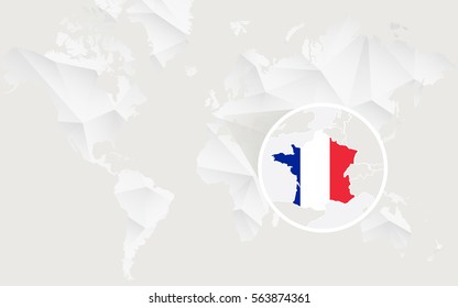 France map with flag in contour on white polygonal World Map. Vector Illustration.