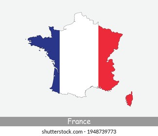 France Map Flag. Map of France with the French national flag isolated on white background. Vector Illustration.
