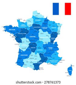 France map and flag - illustration

Image contains next layers:
- land contours
- country and land names
- city names
- water object names
- flag
