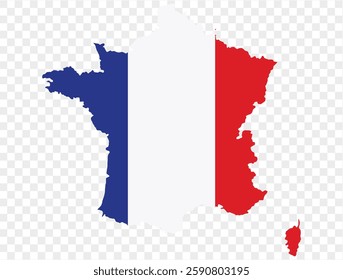 France map with France flag inside, officially isolated on a transparent PNG background. Perfect for designs, high-quality image.vector