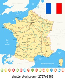 France map, flag, navigation icons, roads, rivers - illustration

- land contours
- country and land names
- city names
- water object names
- flag
- navigation icons
- roads
- railways
- rivers
