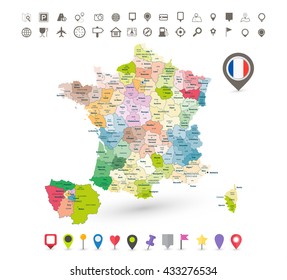 France map with flag and navigation icons isolated on white.