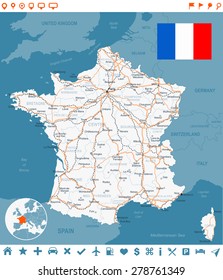 France map, flag, navigation labels, roads - illustration


- land contours
- country and land names
- city names
- water object names
- flag
- navigation icons
- roads
- railways
