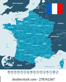 France map, flag and navigation labels - illustration

Image contains next layers:
- land contours
- country and land names
- city names
- water object names
- flag
- navigation icons