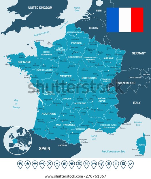 France map, flag and navigation labels -\
illustration\
\
Image contains next layers:\
- land contours\
-\
country and land names\
- city names\
- water object names\
-\
flag\
- navigation\
icons